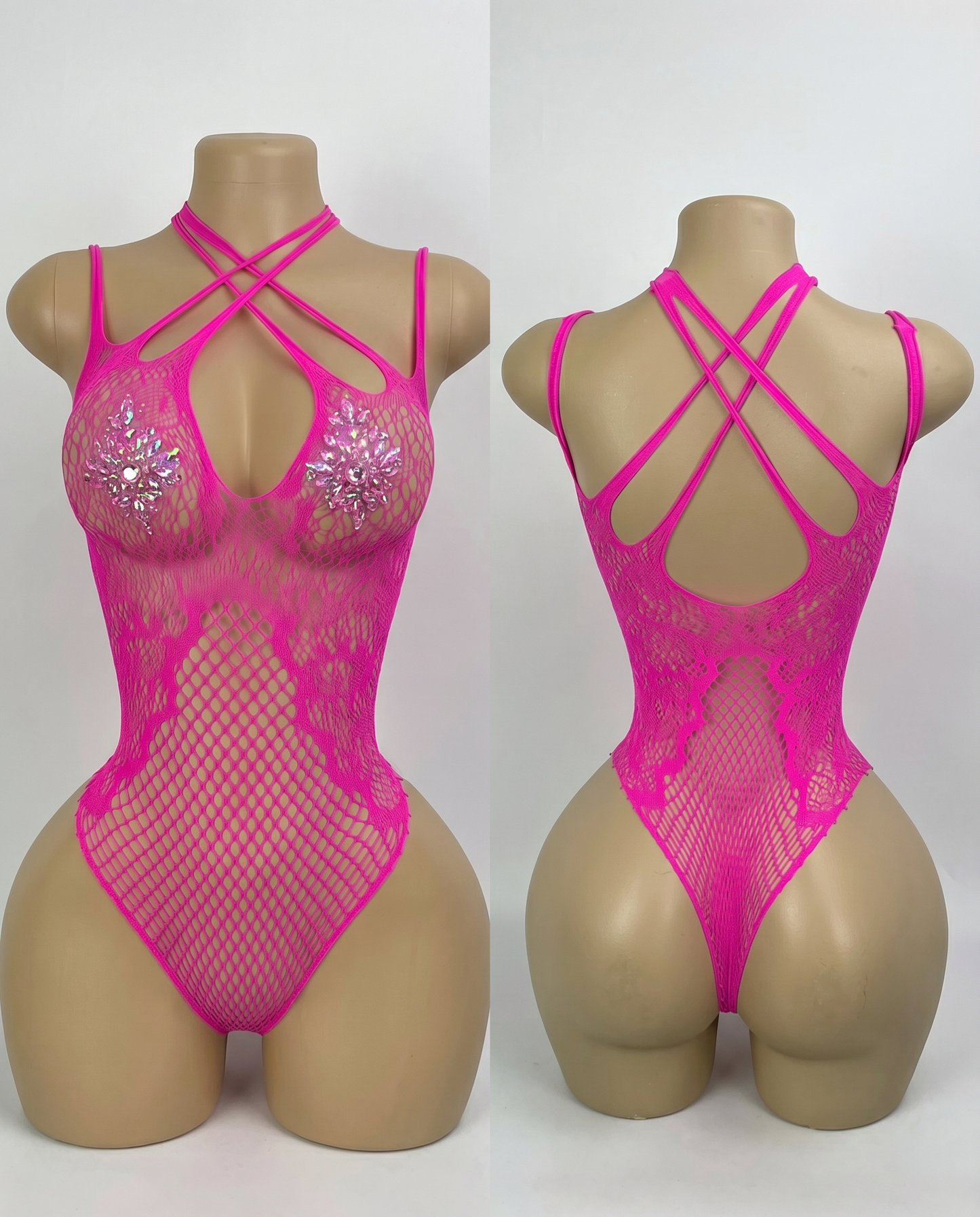 Hot pink mesh bodysuit with crystal accents and criss-cross straps, front and back views