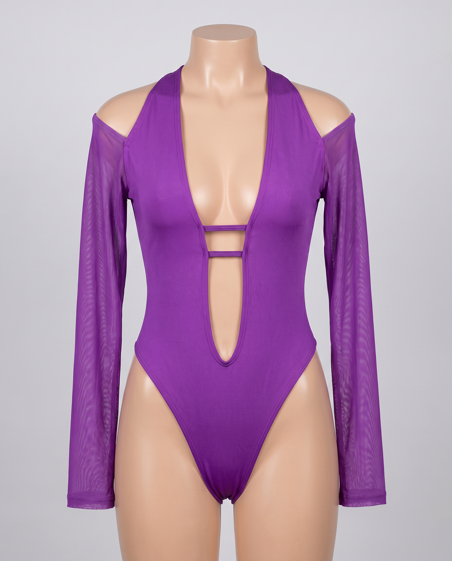 Purple long sleeve festival bodysuit with mesh sleeves and deep plunge neckline