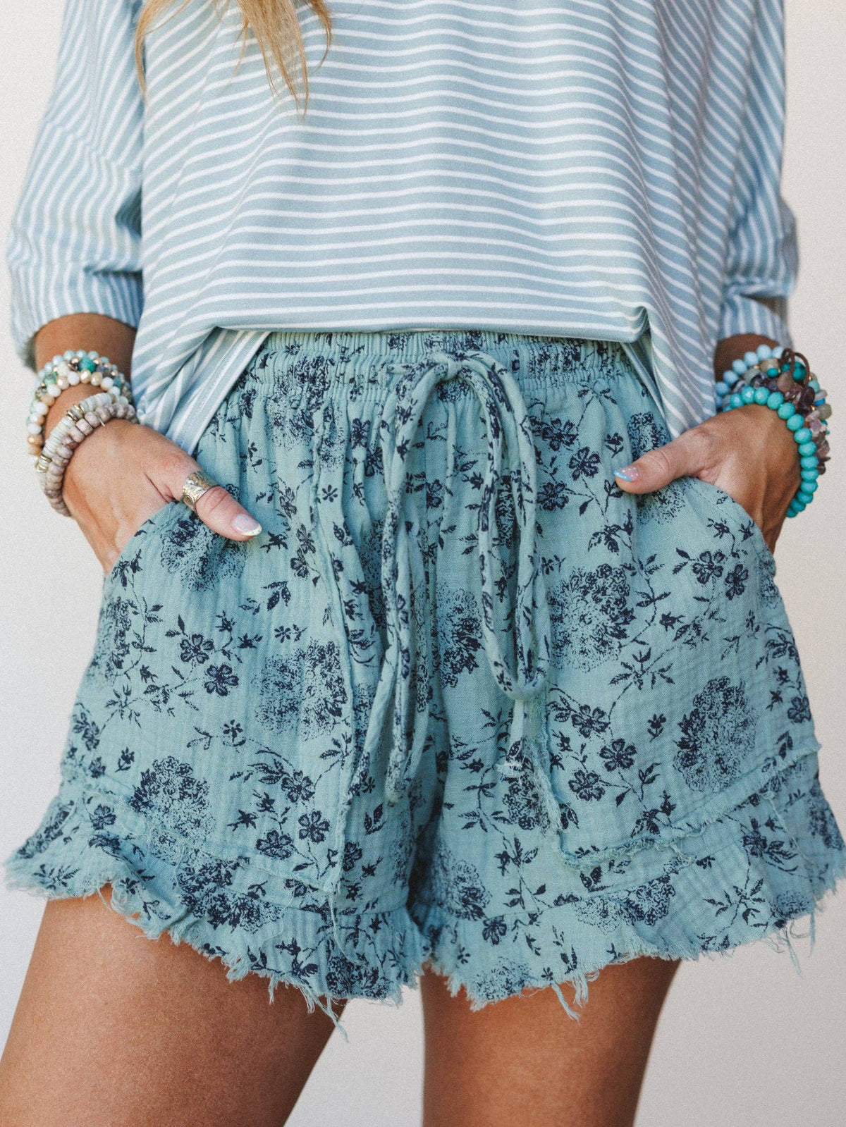 Sandra Floral Ruffle Short in turquoise — flowy ruffle hem, floral print, festival fashion bottom