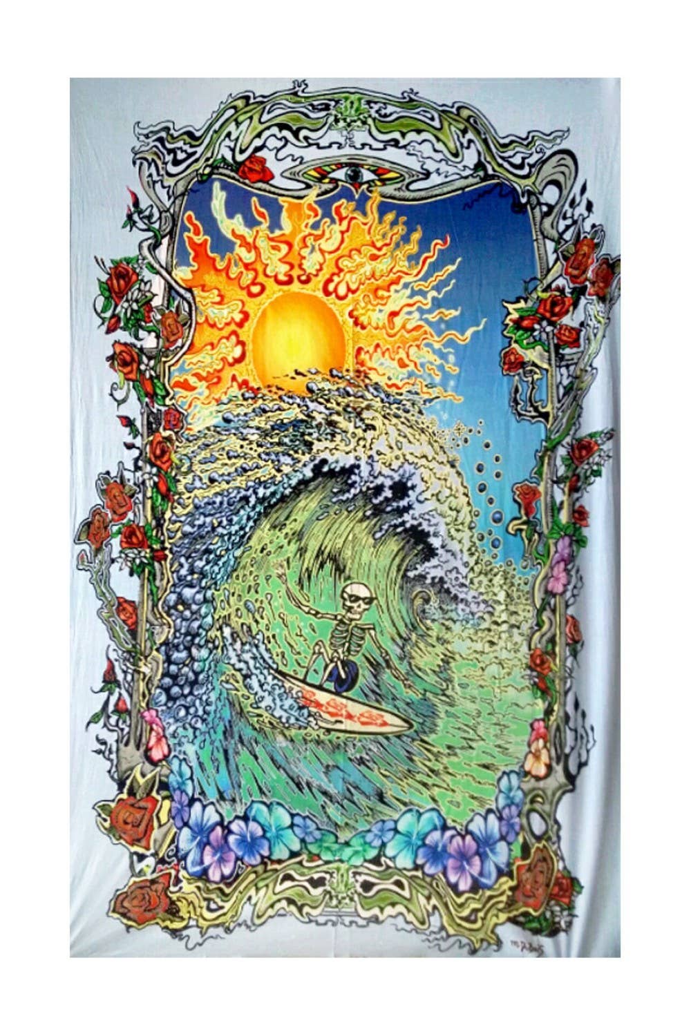 Heady Art Print Tapestry Surfing Skeleton