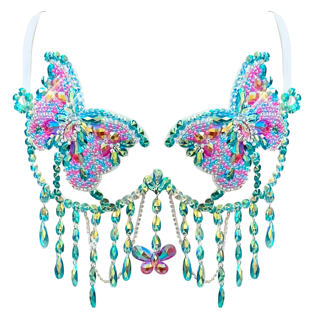 Colorful butterfly-themed headband with beads and a small butterfly accessory on a white background