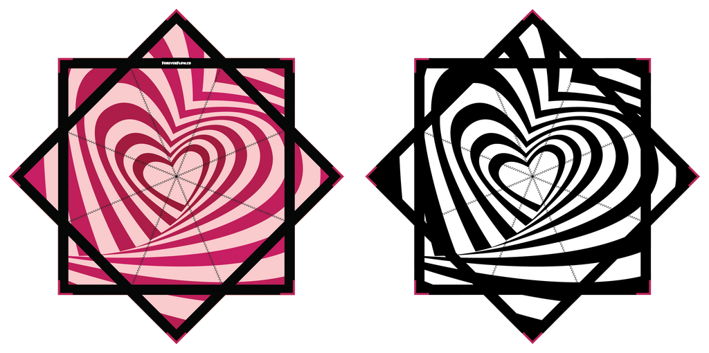 Two heart-shaped designs with spiral patterns, one in pink and red, the other in black and white, on a white background.