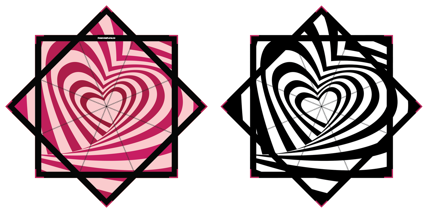 Two heart-shaped designs with spiral patterns, one in pink and red, the other in black and white, on a white background.
