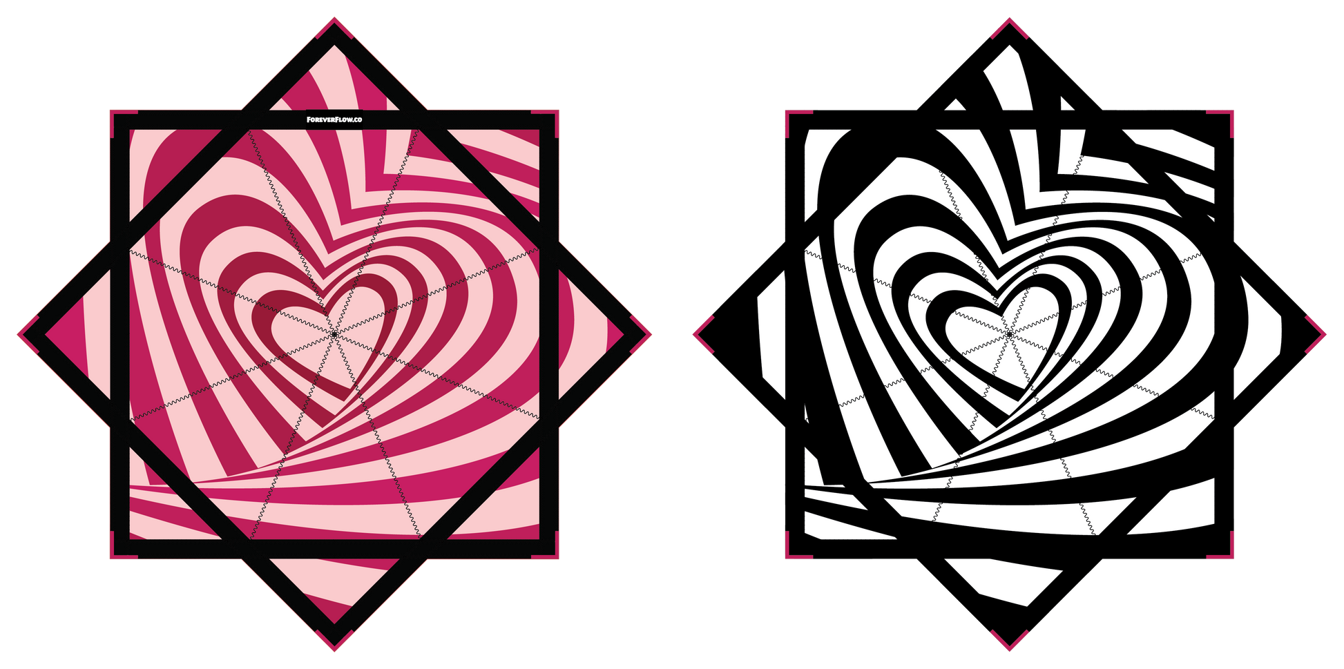 Two heart-shaped designs with spiral patterns, one in pink and red, the other in black and white, on a white background.
