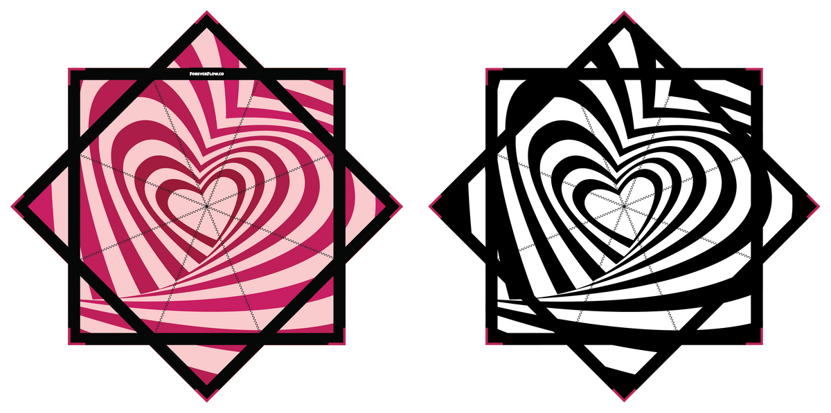 Two heart-shaped designs with spiral patterns, one in pink and red, the other in black and white, on a white background.