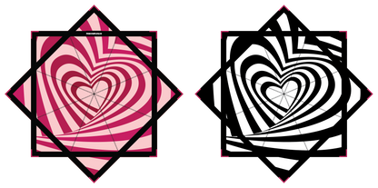 Two heart-shaped designs with spiral patterns, one in pink and red, the other in black and white, on a white background.