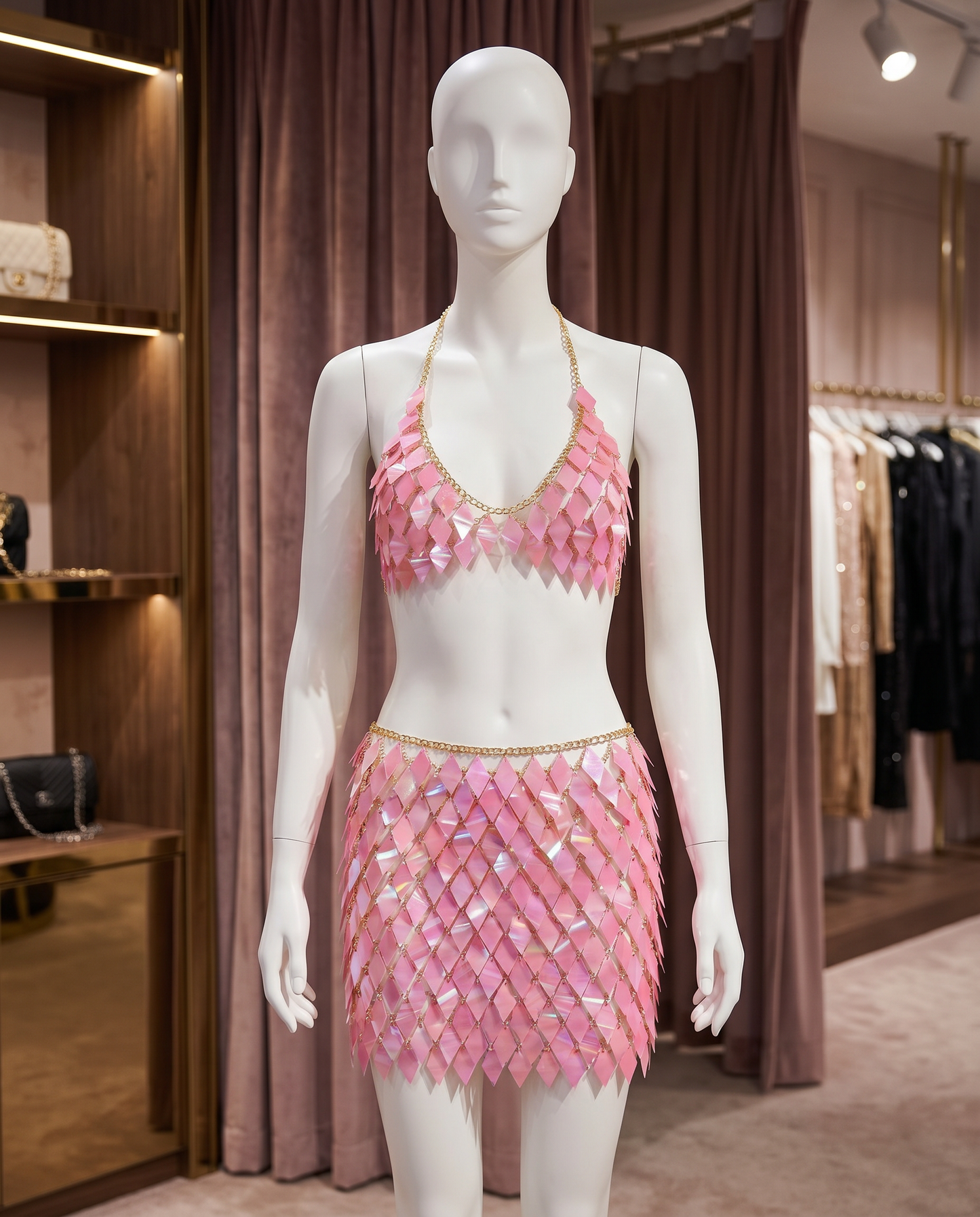 Mannequin in pink iridescent sequin halter crop top and skirt festival outfit