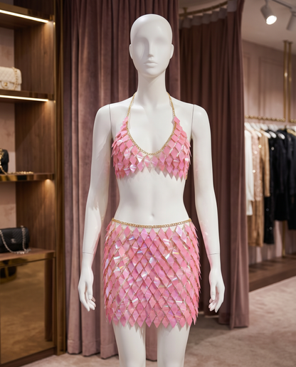 Mannequin in pink iridescent sequin halter crop top and skirt festival outfit