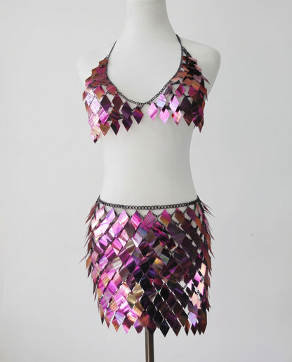 Holographic pink sequin festival crop top and mini skirt set on mannequin