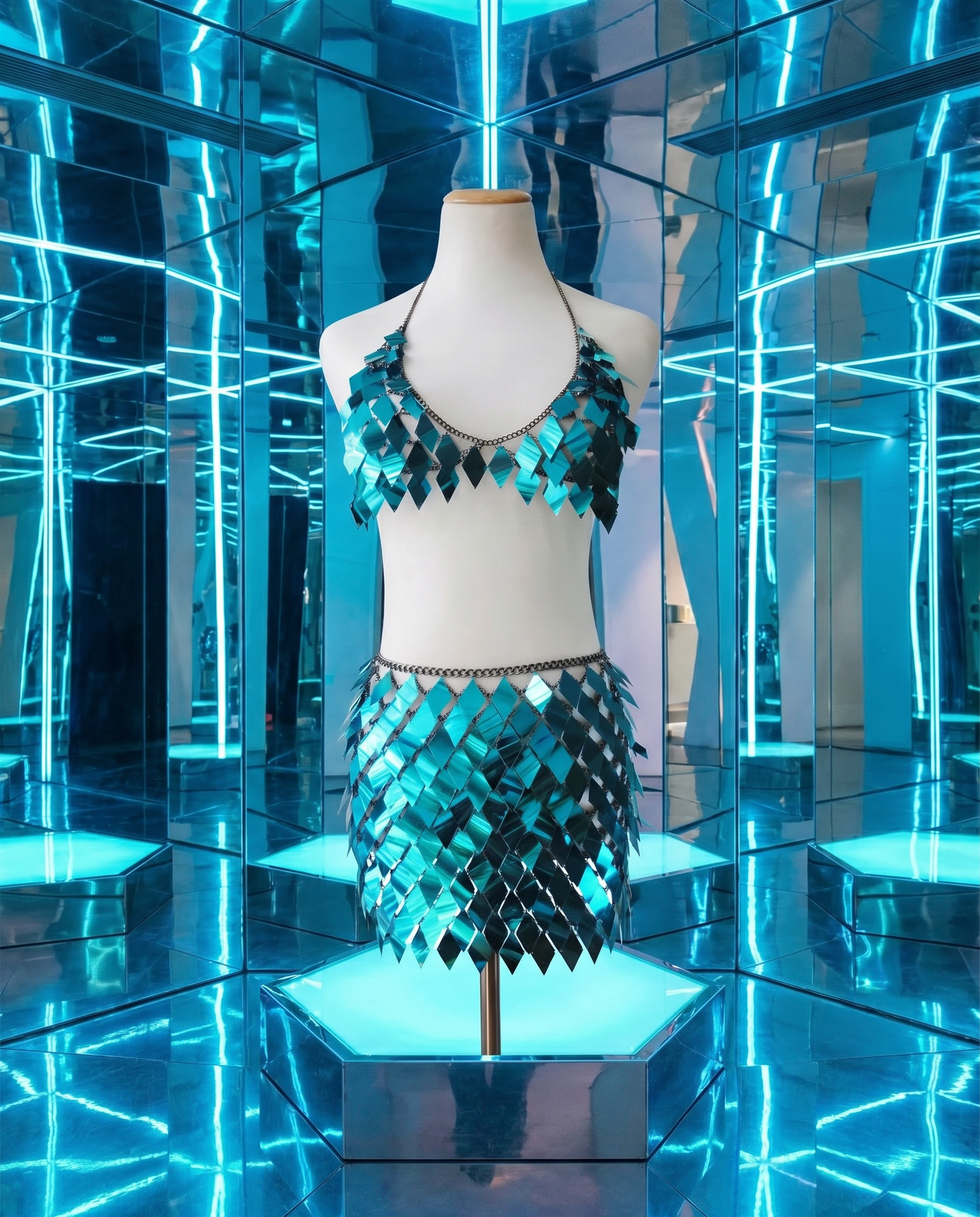 Mannequin wearing metallic blue festival outfit with scale-like pattern in a mirrored room