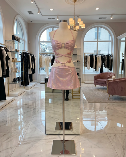 Shimmery pink festival mini dress with butterfly accents on mannequin in boutique setting