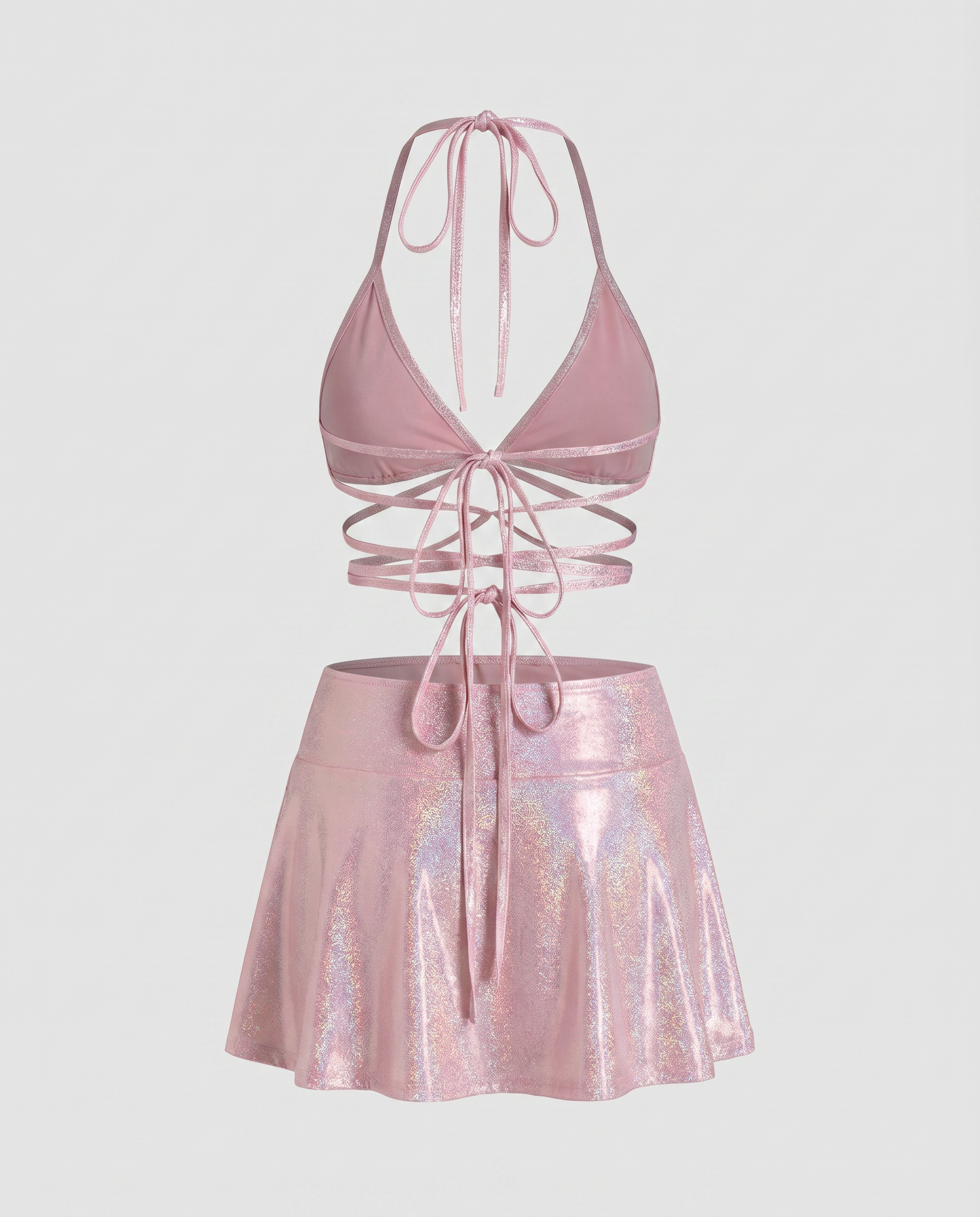 Iridescent pink halter festival top with wrap ties and matching flared mini skirt set