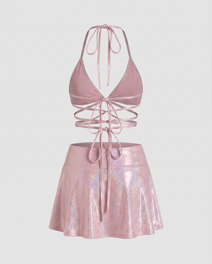 Iridescent pink halter festival top with wrap ties and matching flared mini skirt set