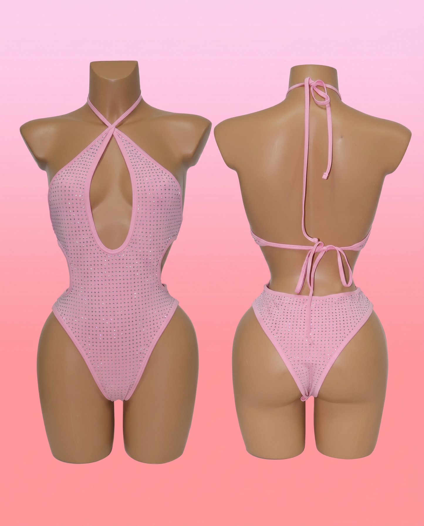 Pink rhinestone halter cut-out bodysuit displayed front and back on mannequins, festival wear