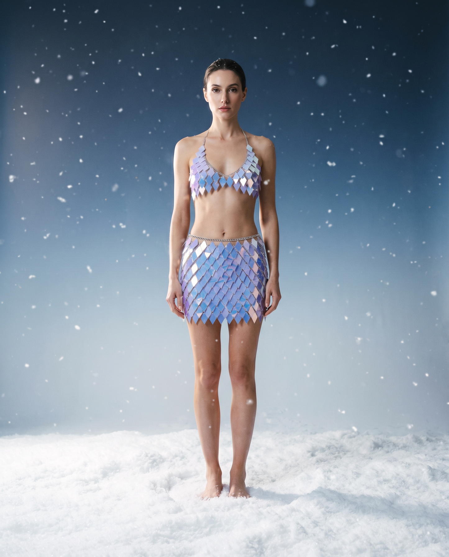 Woman in iridescent prismatic sequin festival outfit standing in snow with a blue background