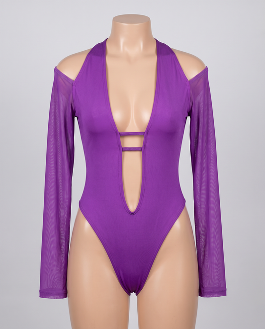 Purple long sleeve festival bodysuit with mesh sleeves and deep plunge neckline