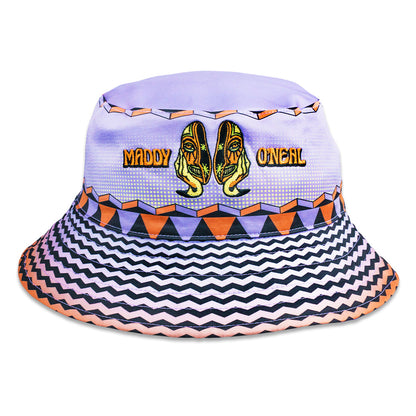 Colorful bucket hat with geometric patterns and branding on a white background