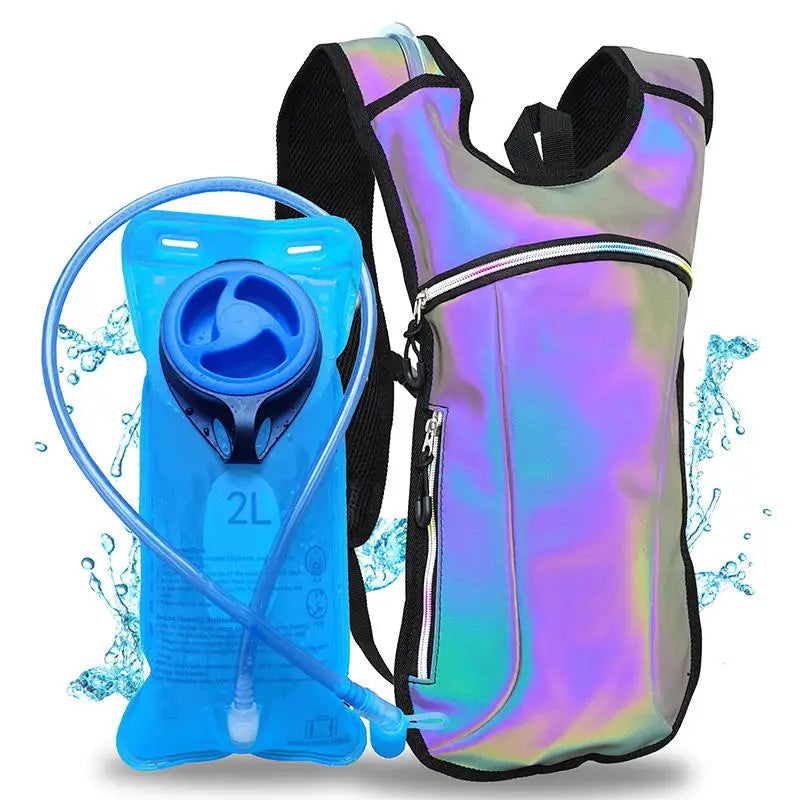 Prismatic Y2K-inspired hydration pack with high-gloss tech-fabric, rave-ready luxury aesthetic