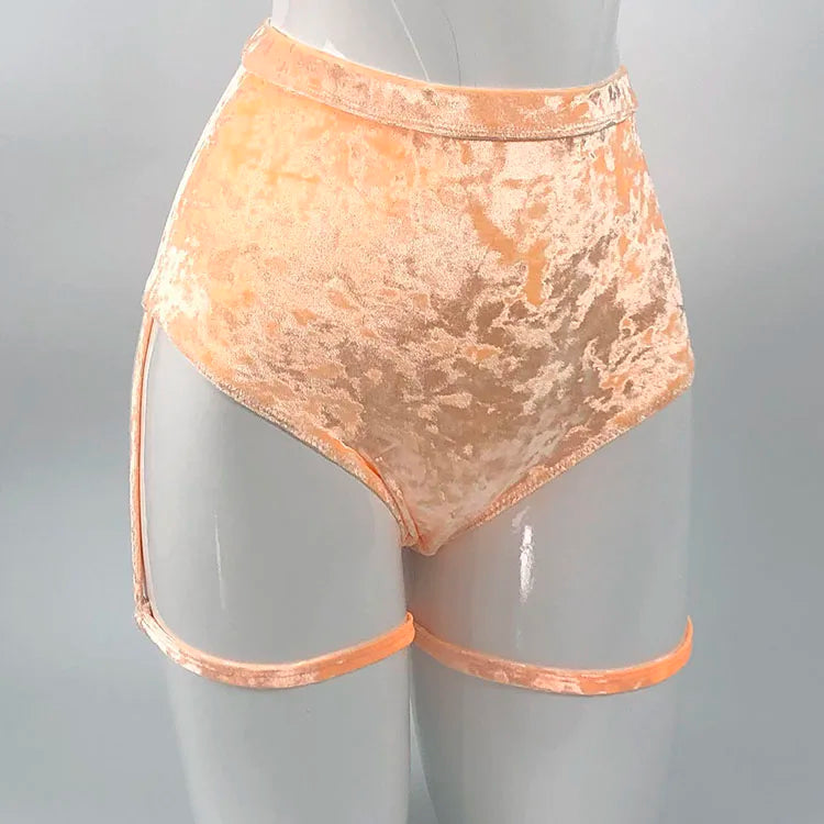 Y2K-inspired prismatic bodycon high-cut velvet bottoms with sculpting tech-fabric and luxe garter straps, perfect for rave or festival performance wear.