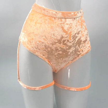 Y2K-inspired prismatic bodycon high-cut velvet bottoms with sculpting tech-fabric and luxe garter straps, perfect for rave or festival performance wear.