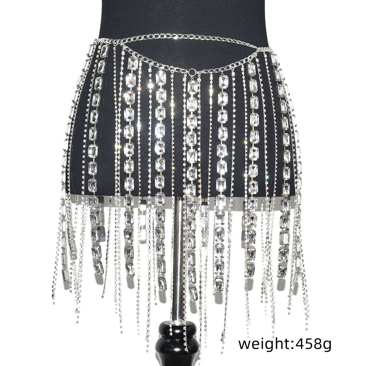 Y2K-inspired rhinestone-embellished prismatic bodycon skirt with high-refraction crystal fringe, luxe festival wear.