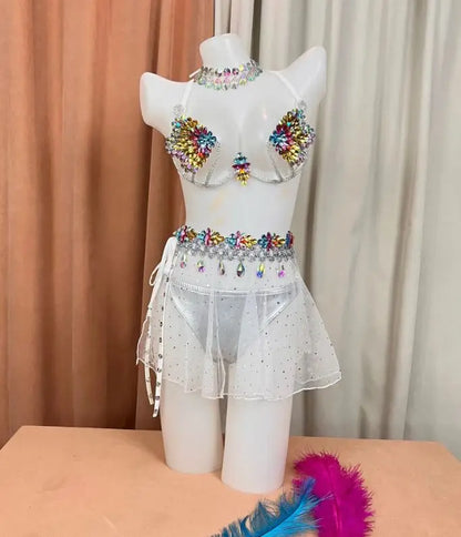Y2K-inspired prismatic bodycon set with rhinestone-embellished bra, high-refraction crystals, sculpting tech-fabric skirt, high-cut fit, rave festival vibe