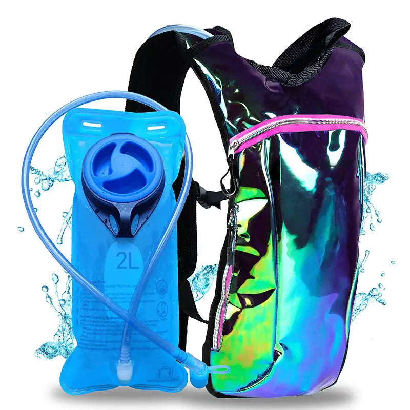 Prismatic Y2K-inspired high-gloss hydration pack with sculpting tech-fabric, rave-ready luxe look