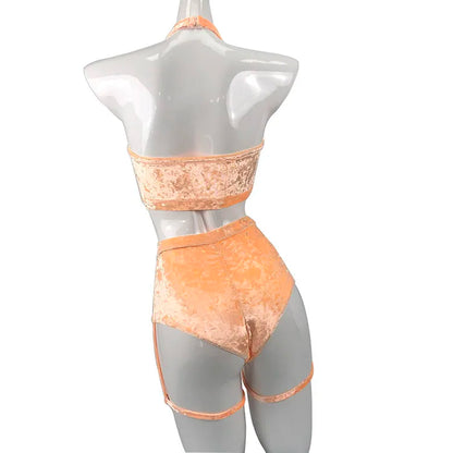 Y2K-inspired high-gloss velvet bodycon set, high-cut, backless, prismatic rave festival wear