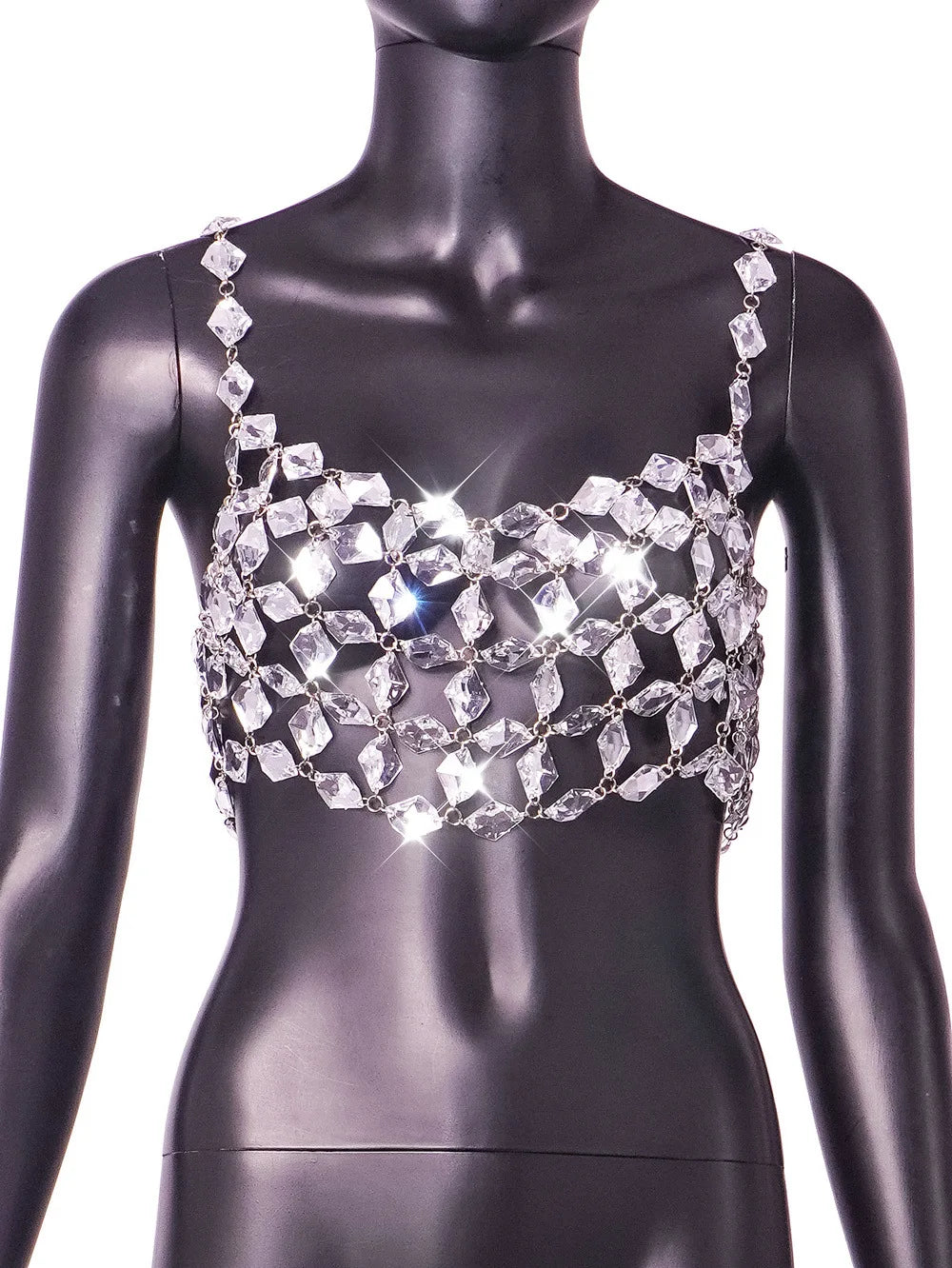 Y2K-inspired rhinestone-embellished prismatic crystal crop top, high-gloss festival bodycon fit