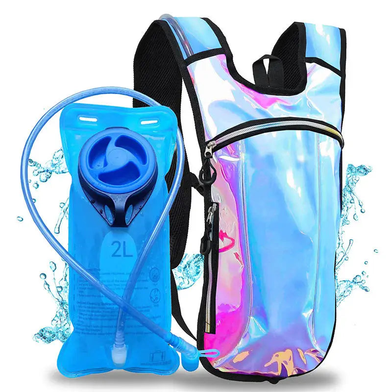 Prismatic Y2K-inspired hydration pack with high-gloss holographic sculpting tech-fabric, rave-ready