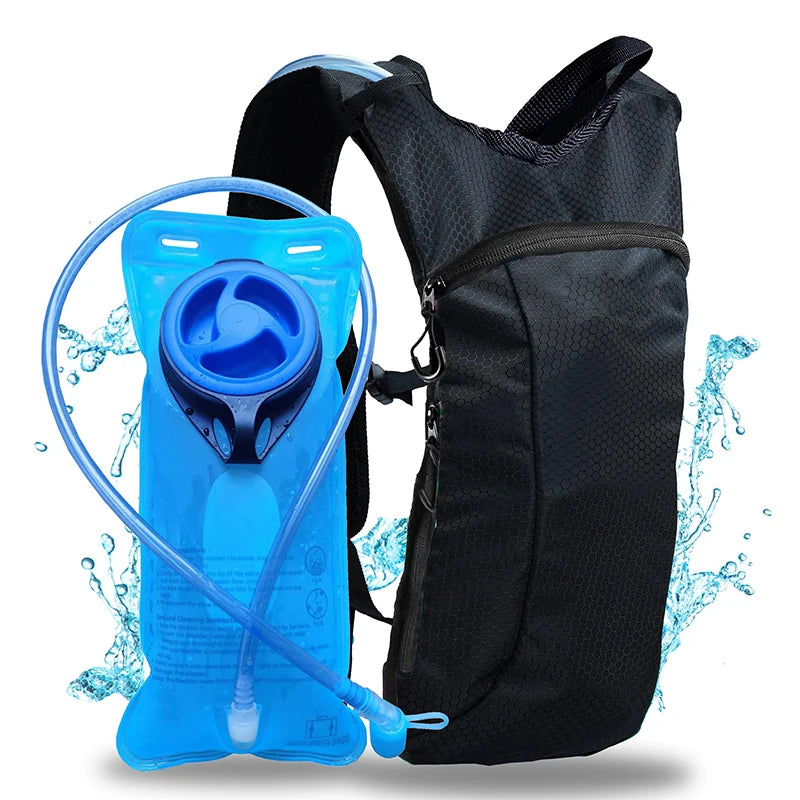 Lightweight hydration backpack with blue water bladder, ideal for outdoor sports and cycling
