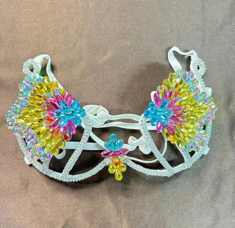 Y2K-inspired rhinestone-embellished bra with high-refraction crystals, prismatic bodycon fit