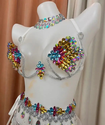 Y2K-inspired bodycon festival set with high-refraction crystals, prismatic rhinestone embellishments, and high-cut fit.