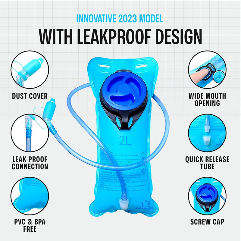 Innovative 2023 model 2L hydration bladder with leakproof design, wide mouth, quick release tube, dust cover, PVC and BPA free.