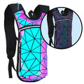 Y2K-inspired prismatic rave hydration pack with high-refraction crystals and geometric pattern