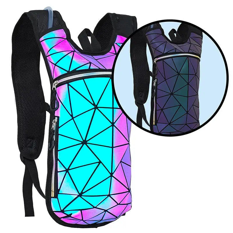 Y2K-inspired prismatic rave hydration pack with high-refraction crystals and geometric pattern