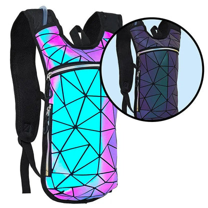 Y2K-inspired prismatic rave hydration pack with high-refraction crystals and geometric pattern