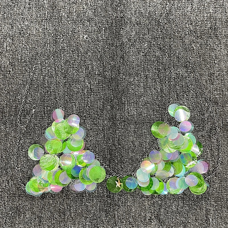 Y2K-inspired prismatic sequin bra top with iridescent high-refraction crystals, bodycon fit, rave-ready.