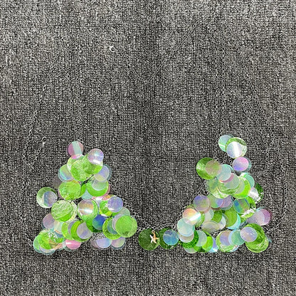 Y2K-inspired prismatic sequin bra top with iridescent high-refraction crystals, bodycon fit, rave-ready.
