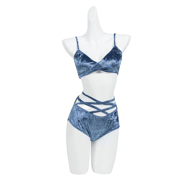 Cyber Teal velvet festival set with halter top and strap detail bottoms.