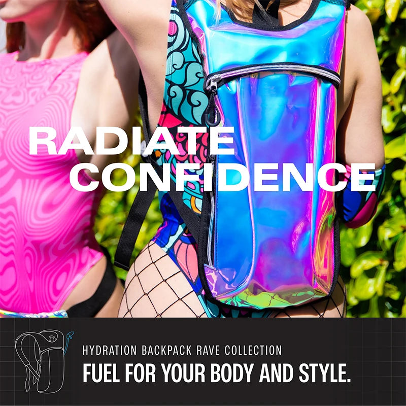 Prismatic Y2K-inspired hydration backpack with high-refraction crystals, bold rave bodycon fit.