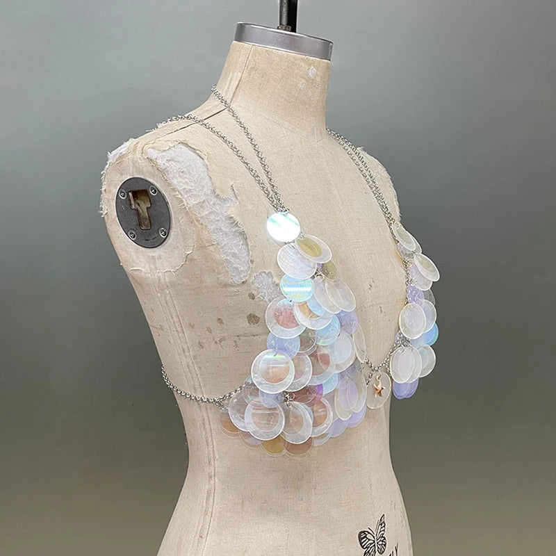 Y2K-inspired prismatic bodycon bralette with iridescent high-refraction discs, rave-ready