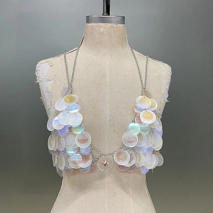 Y2K-inspired prismatic bodycon chain top with high-refraction iridescent discs, festival-ready