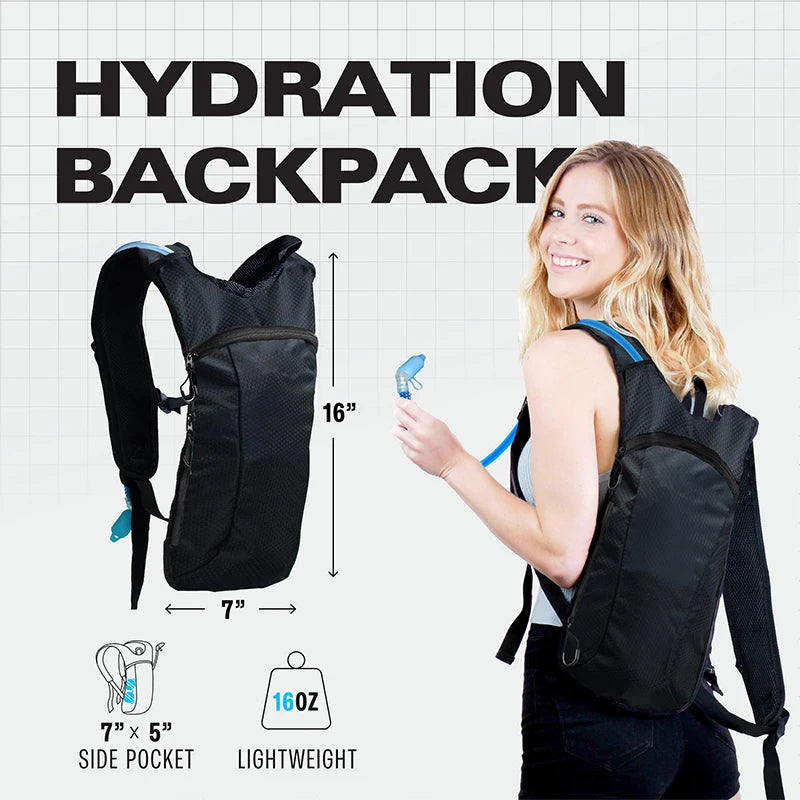 Black hydration backpack with 16-inch body, 7-inch width, lightweight design, worn by woman