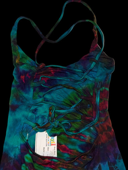 Colorful tie-dye drawstring bag on a white background