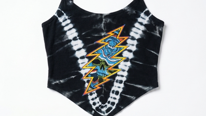 Black tie-dye crop top and shorts set with colorful designs on a white background